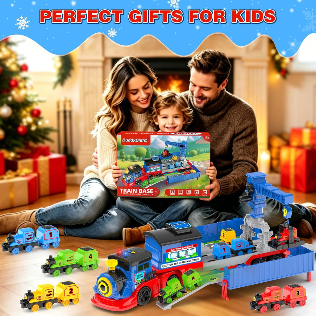 Juego de tren de juguete 2 en 1 para niños pequeños, base de tren de catapulta con grúa torre móvil, 8 pequeños trenes magnéticos, efecto de luz y sonido, juguete de camión de expulsión para niños