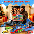 Juego de tren de juguete 2 en 1 para niños pequeños, base de tren de catapulta con grúa torre móvil, 8 pequeños trenes magnéticos, efecto de luz y sonido, juguete de camión de expulsión para niños