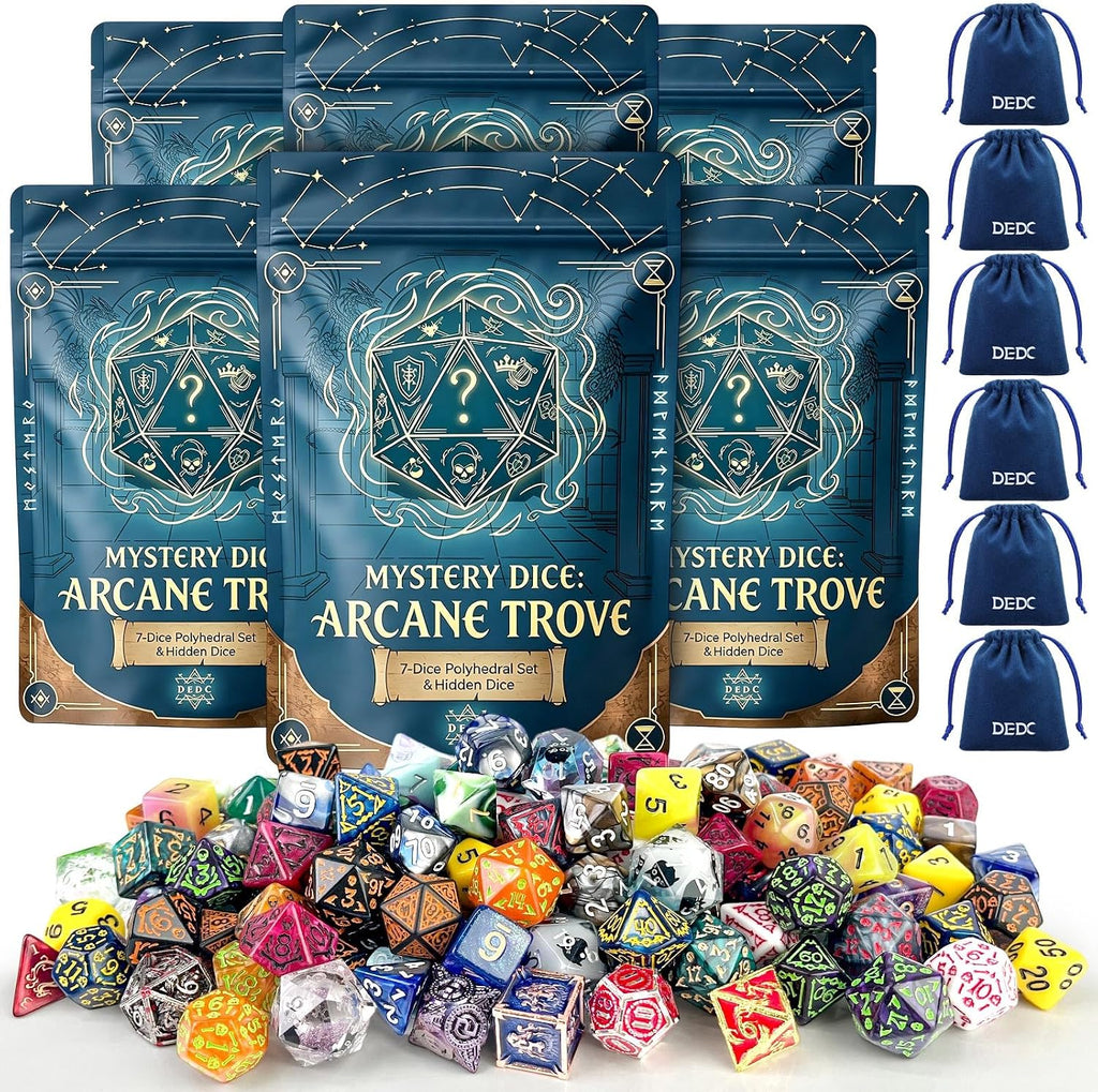 DEDC Set de 42 DADOS DND, 6 Bolsas Misterio para Goblins de Dados y Juegos RPG