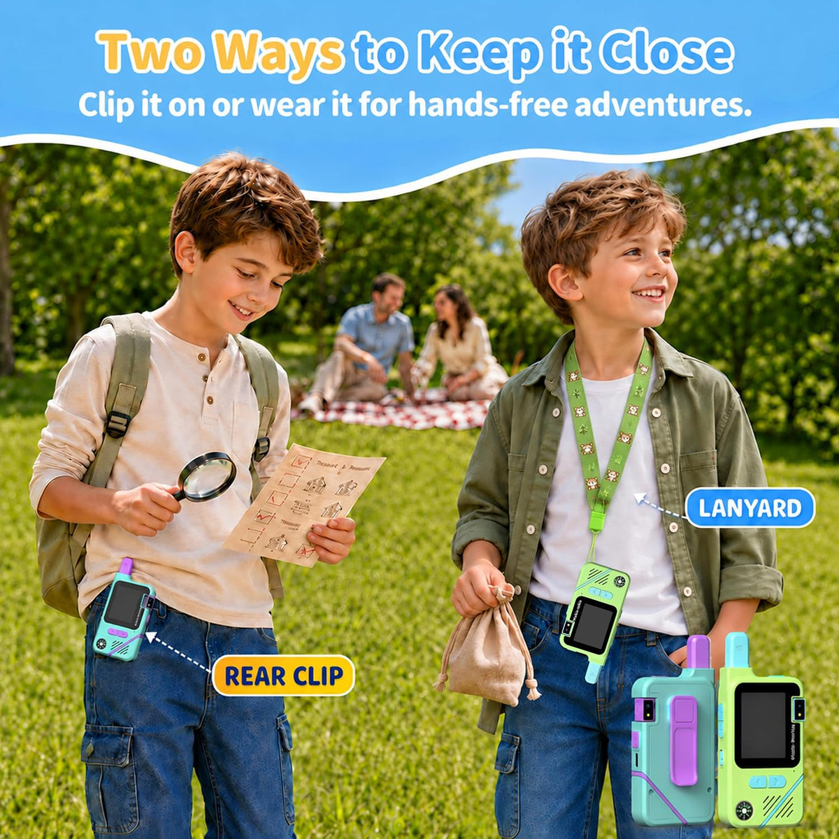 Walkie Talkies de video para niños, paquete de 2 con cámara giratoria de 180°, juguetes de largo alcance, recargable, clip y cordón, regalos de cumpleaños para niños y niñas de 3 a 12 años, interiores