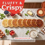 Gourmia - Máquina de waffles belga con control de tostado ajustable, placas antiadherentes, luces indicadoras de lista y potencia, almacenamiento vertical compacto, asa de tacto frío