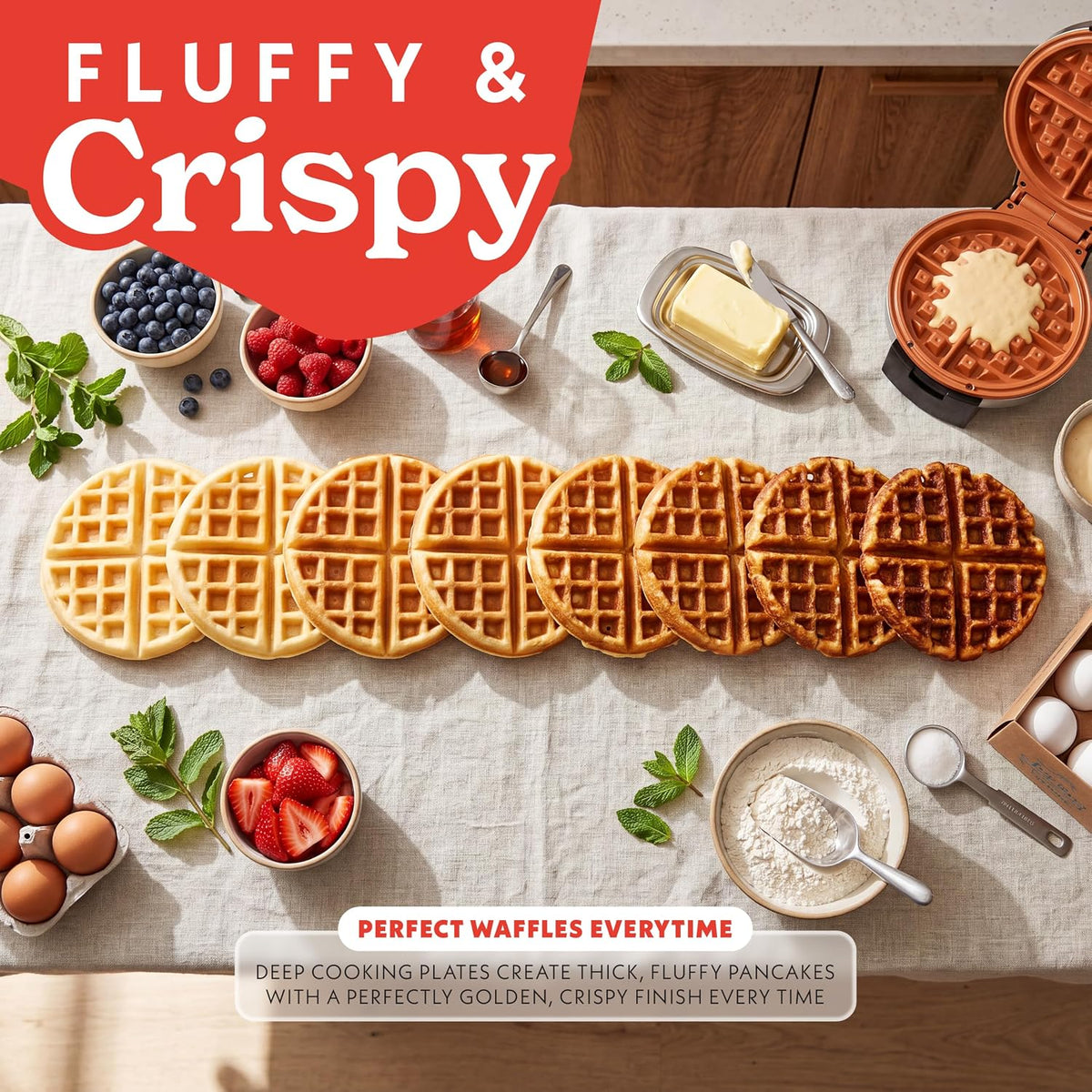 Gourmia - Máquina de waffles belga con control de tostado ajustable, placas antiadherentes, luces indicadoras de lista y potencia, almacenamiento vertical compacto, asa de tacto frío
