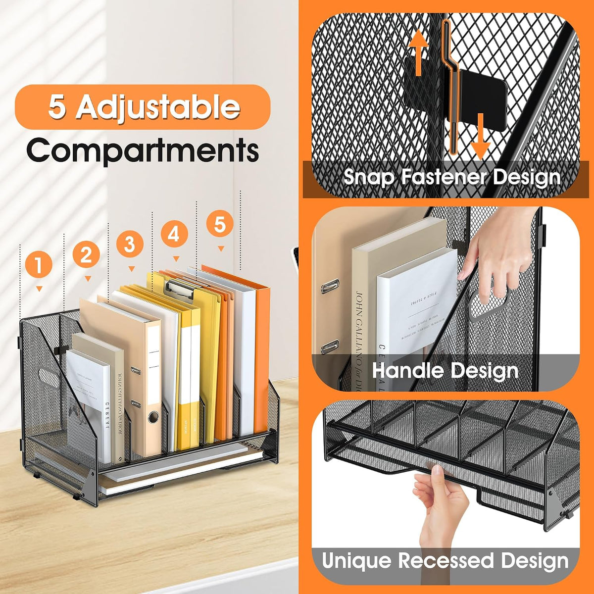Organizador de Carpetas de Archivos de Escritorio - 5 Compartimentos Verticales con Estantes y Bandeja para Cartas de Papel, Clasificador de Portaarchivos de Revistas de Malla, Accesorios de