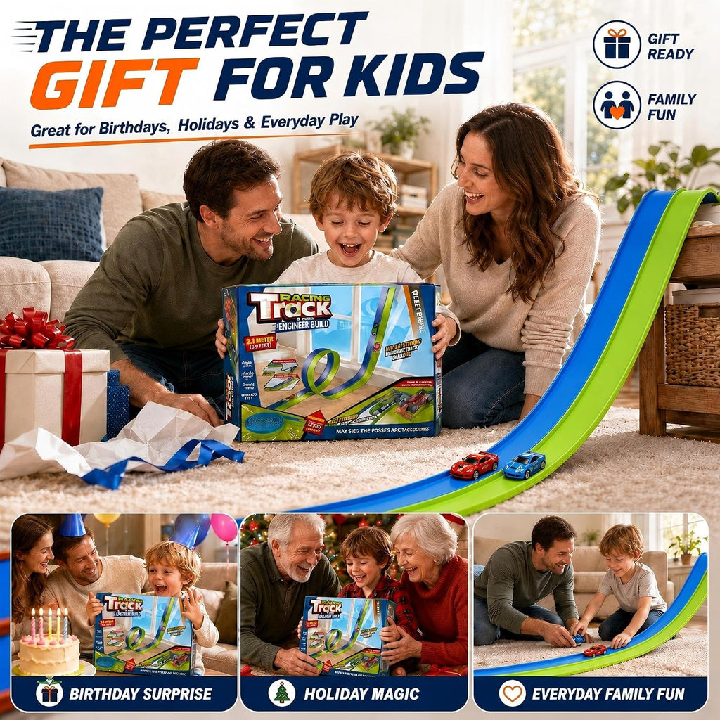 Pistas flexibles de 15 pies de pista de carreras flexibles para niños, juego de pista de auto de bricolaje con autos de rebote 1/64, pistas de carreras enrollables portátiles con ventosas fuertes