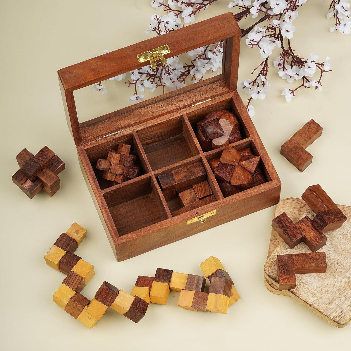 Ajuny Juego de caja de rompecabezas de madera, 6 juegos de rompecabezas
