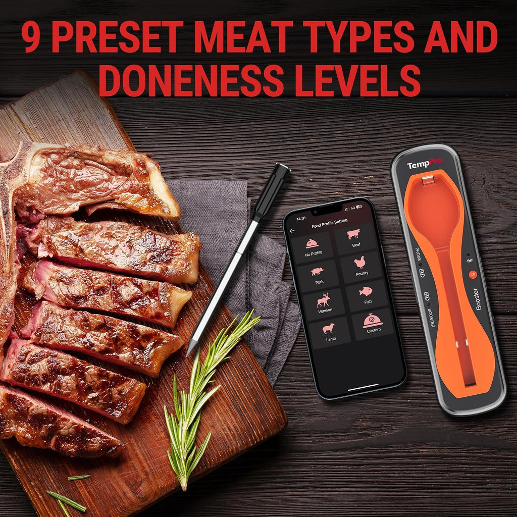ThermoPro TempSpike - Termómetro inalámbrico digital para carne de 500 pies, termómetro de carne Bluetooth inalámbrico para res, cordero, pollo, pavo, accesorios para ahumador para asador, Sous Vide