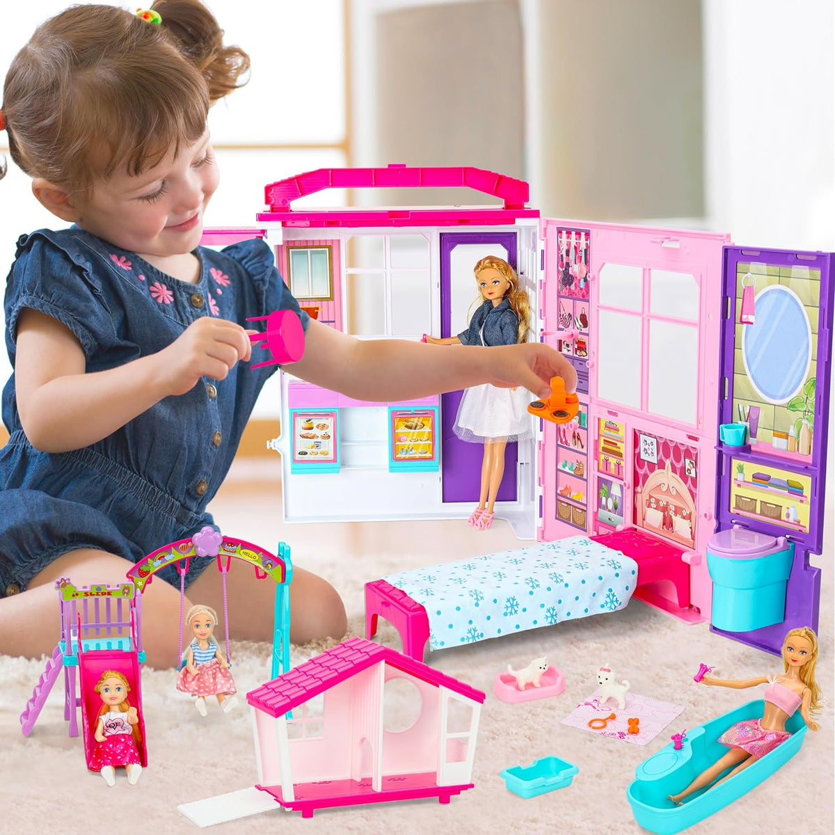 Style Shine - Casa de muñecas plegable de 1 piso, juego de casa de muñecas