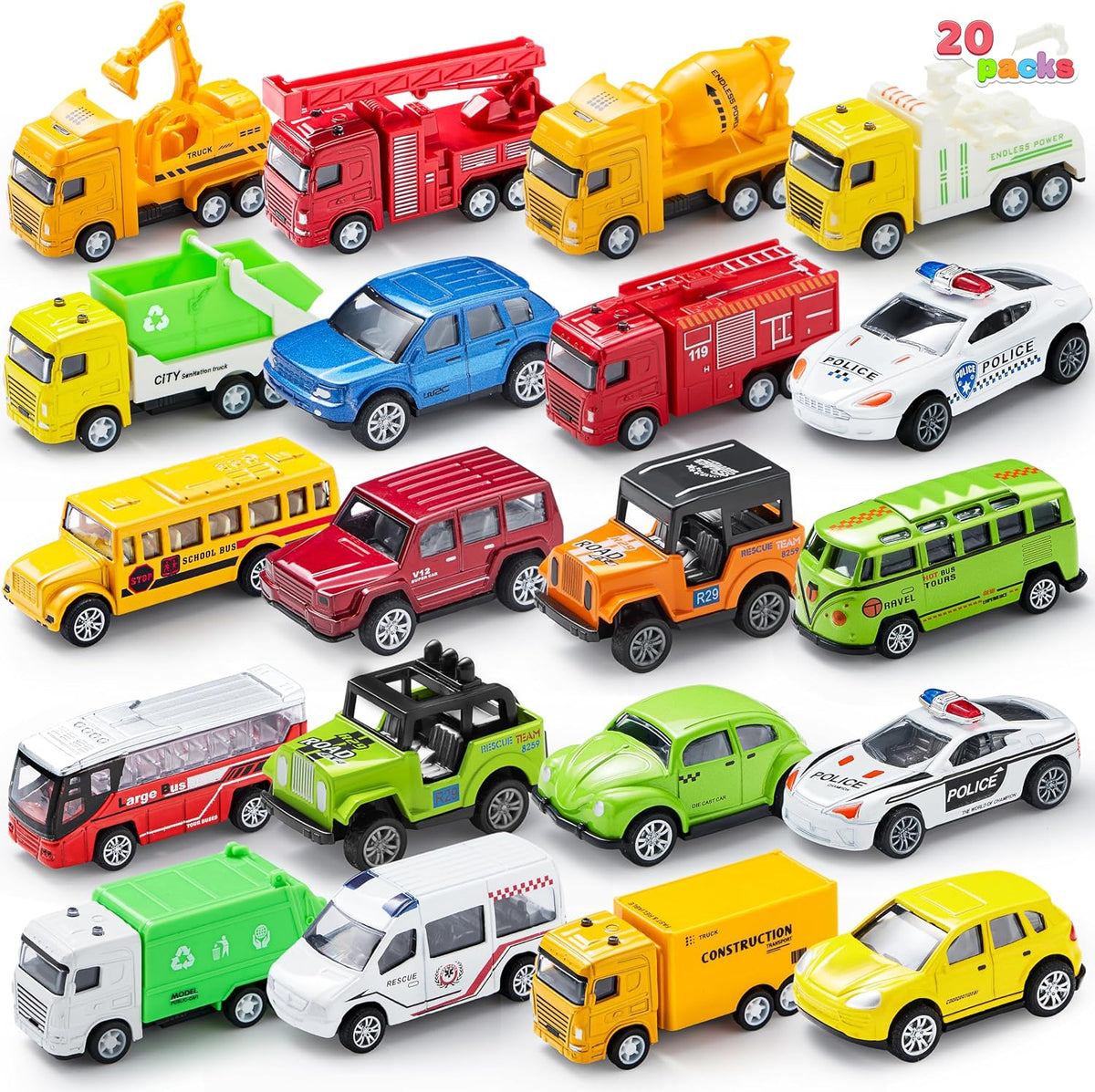 JOYIN 20 piezas de coches de juguete de metal fundido, juguetes de coche a granel, juego de vehículos para niños, recuerdos de fiesta para niños, adornos para pasteles, rellenos de calcetines, autos