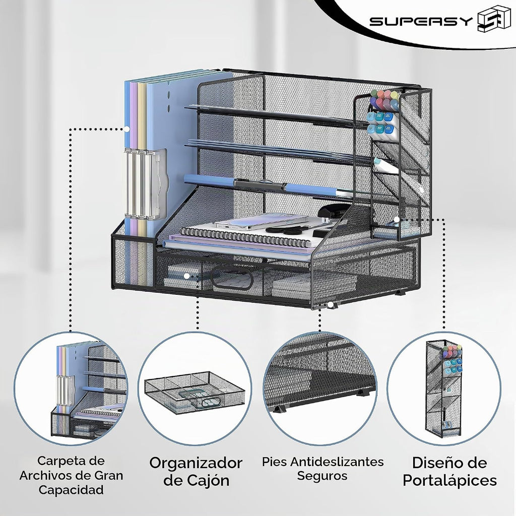 Organizador de Escritorio con Porta-Folios de 5 Estantes y Bandeja Deslizante para Lápiz, Negro