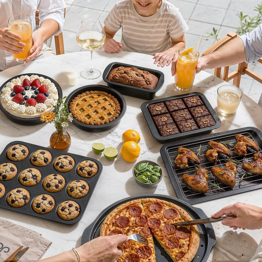 Juego de utensilios para hornear, juego de moldes para hornear, sartén antiadherente para horno para cocina con agarres más anchos, 10 piezas incluyendo rejilla, bandeja para galletas, moldes