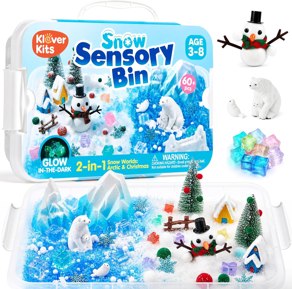 JOVA Klever Kits - Contenedor sensorial de nieve para niños, con piedras que brillan en la oscuridad, kit de nieve falsa del mundo de invierno con figuras de animales árticos