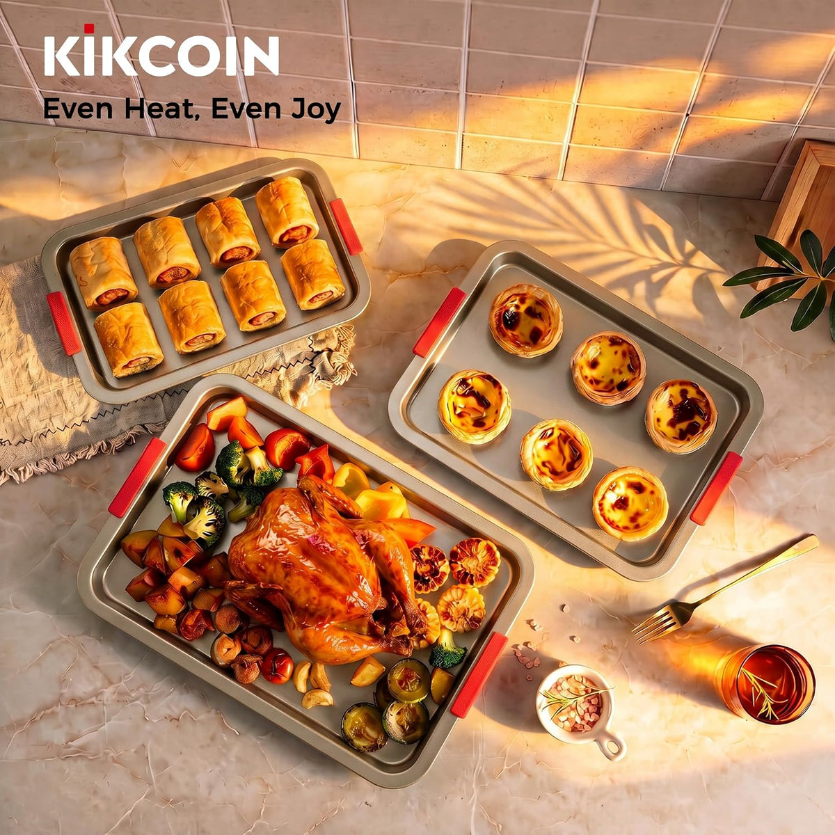 Kikcoin Juego de 3 bandejas antiadherentes para hornear para hornear, bandejas de acero al carbono con asas de silicona de lichi, 2 revestimientos de cerámica gruesos sin PFOA, moldes para hornear