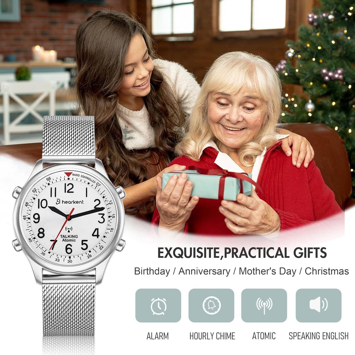 Hearkent Reloj atómico parlante para mujer, alto y claro, en inglés para personas mayores, ciegas, visualmente impariadas, regalo exquisito y elegante, 2004L