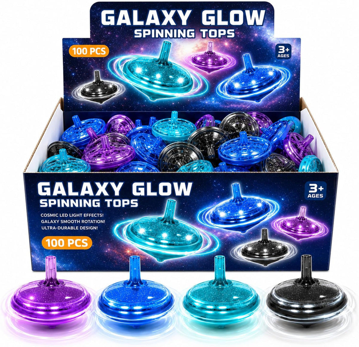 Tops giratorios LED intermitentes para niños, recuerdos de fiesta a granel y premios de aula (Galaxy - 100 piezas)
