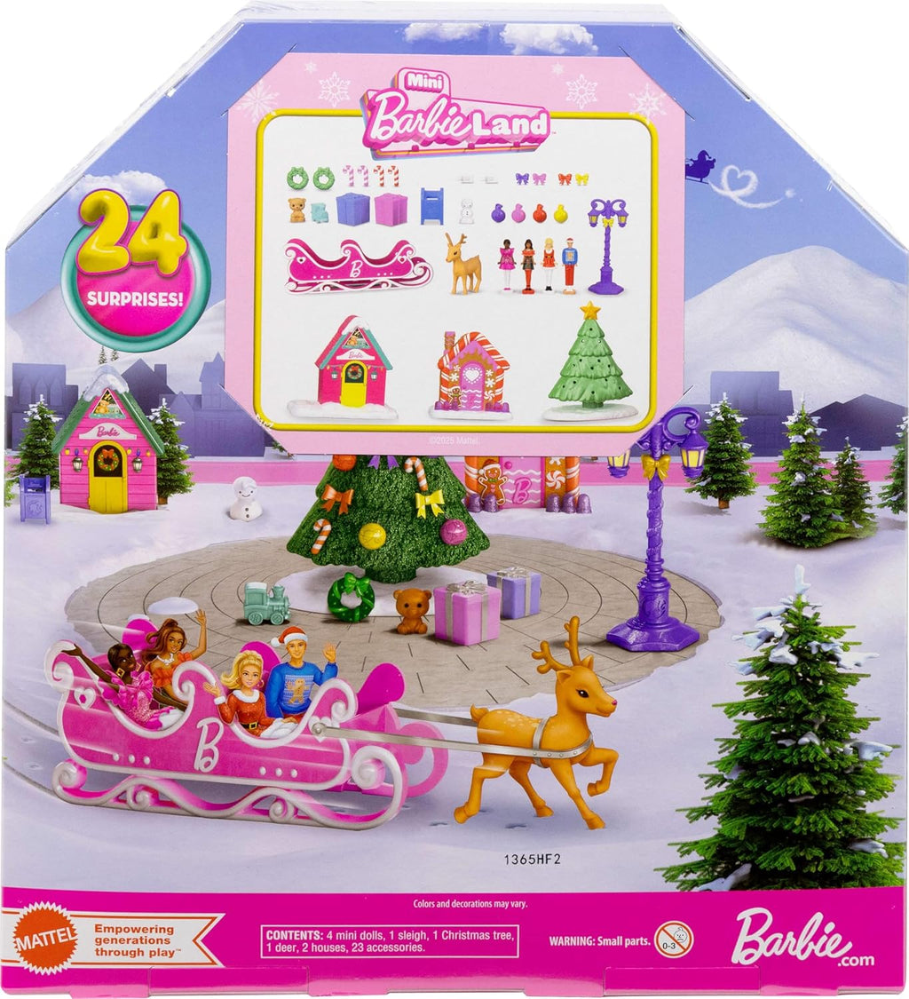 Calendario de Adviento Coleccionista Barbie Mini Land con Muñecas de 3.8 cm y 24 Días de Sorpresas, Áreas de Juego del Pueblo Invernal para Diversión Narrativa