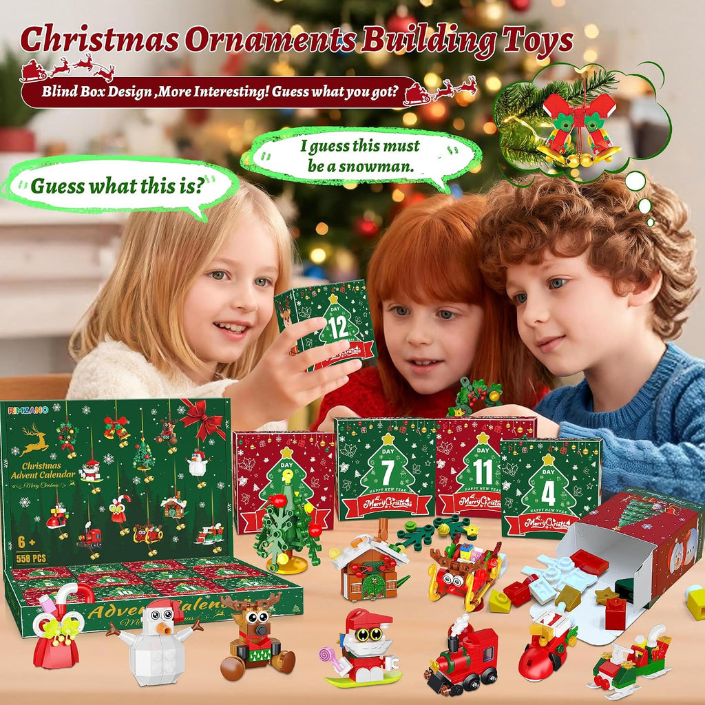 Calendario de Adviento 2026, adornos de Navidad, juego de construcción compatible con Lego, campanas colgantes, corona de Papá Noel, pan de jengibre, reno, 12 modelos