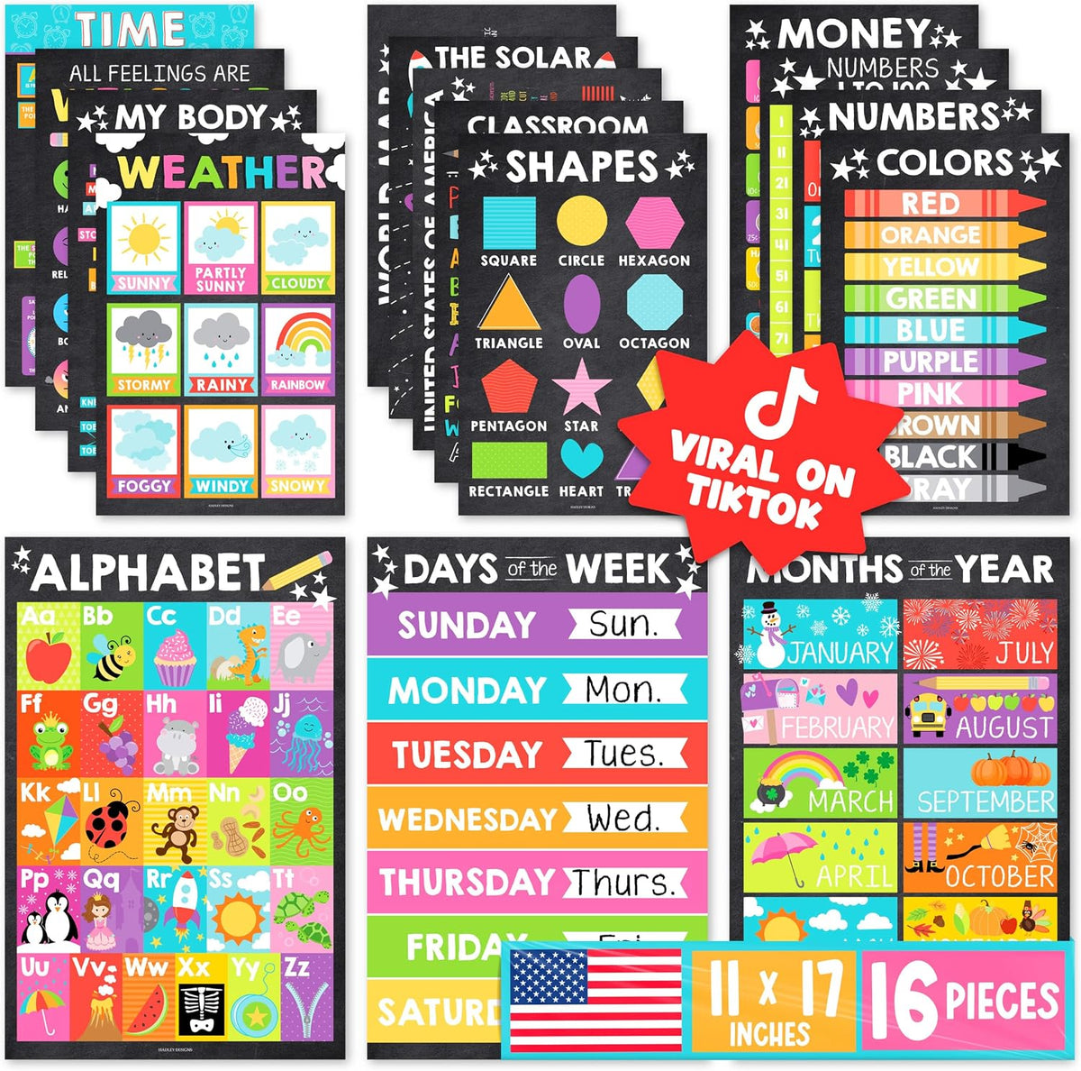 Hadley Designs Learning Posters para Toddlers 1-3 Preschool Classroom Decor