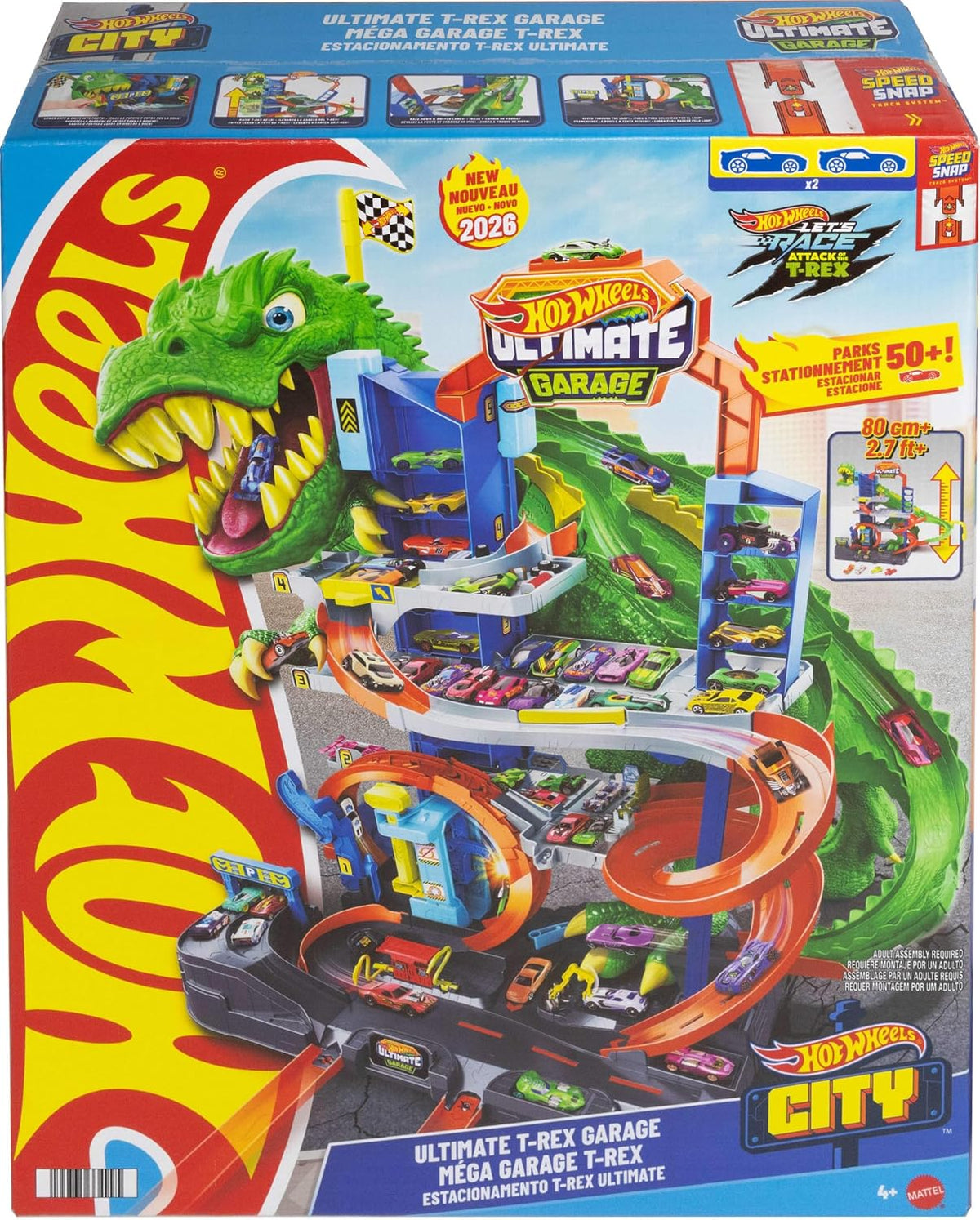 Hot Wheels Juego de pistas de autos de juguete, garaje City Ultimate T-Rex con Dino Nemesis, vehículos fundidos a presión a escala 2 1:64 y almacenamiento para mayores de 50 años, desafío de carreras