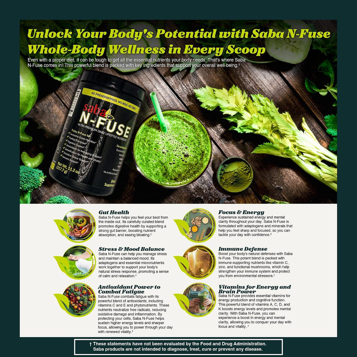 Saba N-Fuse™Super Greens Powder - Más de 50 superalimentos, probióticos