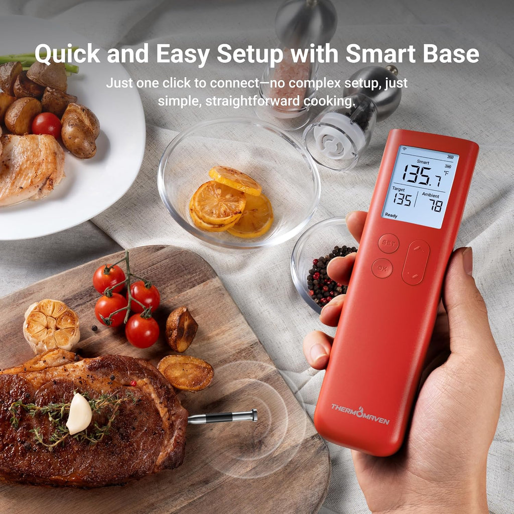 ThermoMaven - Termómetro inalámbrico inteligente para carne con Bluetooth, señal Sub-1G mejorada 10 veces y estabilidad, base de pantalla independiente, precisión certificada ±0.5°F, alcance WiFi