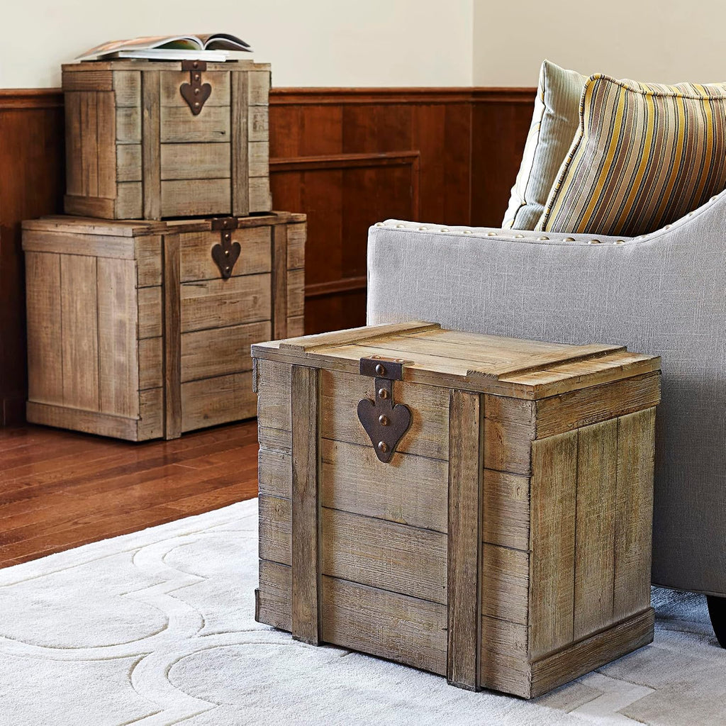 Household Essentials Tronco decorativo antiguo, grande, panel de abeto chino y MDF, parte trasera lisa y acento de bisagra de metal, parte superior plana y tapa abierta
