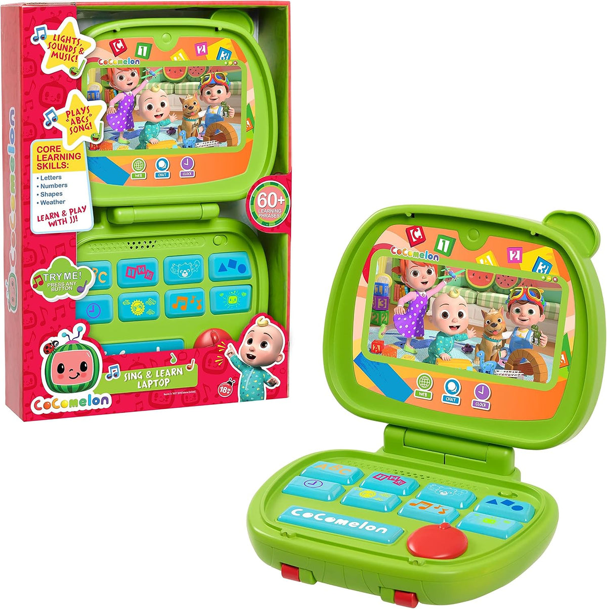 CoComelon Just Play - Juguete para computadora portátil para niños, luces, sonidos y música, fomenta el reconocimiento de letras, números, formas y animales, juguetes para niños con licencia oficial