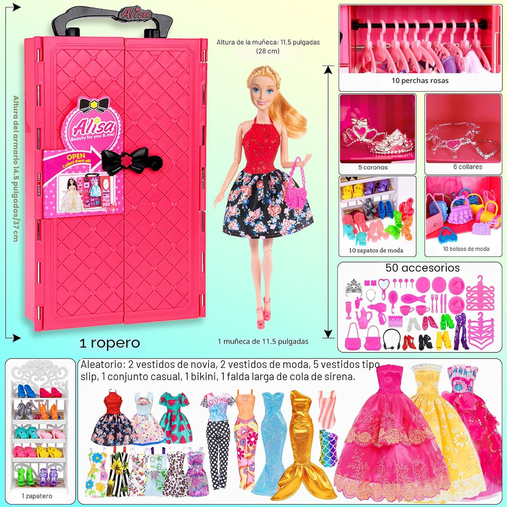ebuddy 105 Pcs Juego de Muñeca y Armario Plyaset - Set de Wardrobe que Incluye Una Muñeca, Armario, Riel para Zapatos, Vestido, Colgantes y Colgadores de Zapatos