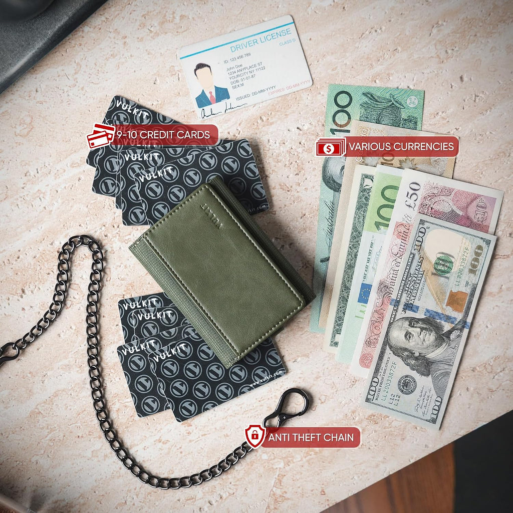 VULKIT Billetera para hombre con cadena antirrobo con bloqueo RFID, billetera triple plegable, diseño elegante, Verde militar, Cartera antirrobo