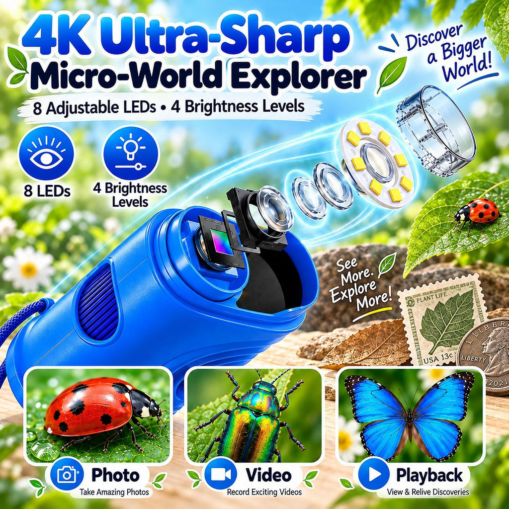 Microscopio para niños, zoom 4K 1000X, pantalla de 2.4", juguete