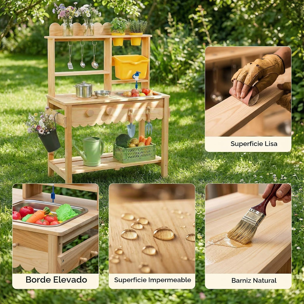 Cocina de barro de madera para niños con grifo de trabajo y fregadero
