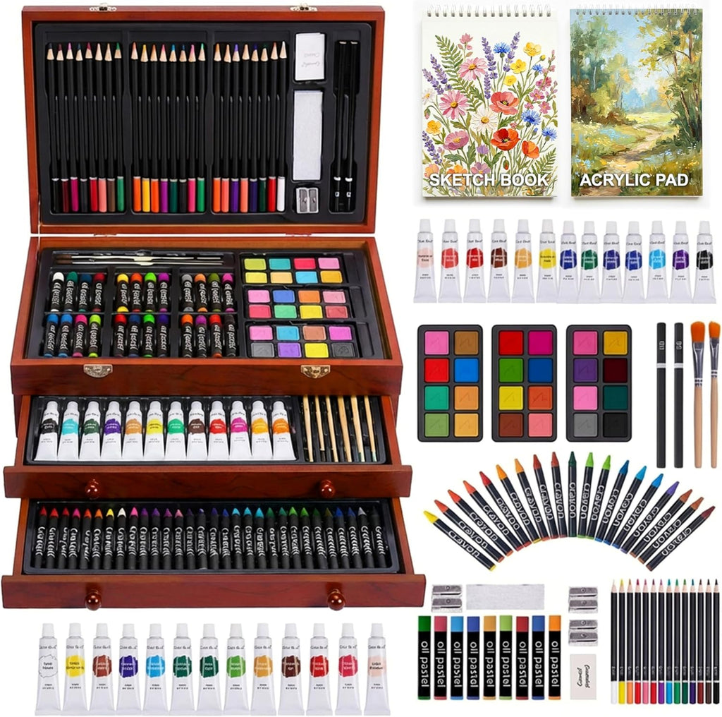 TMOL Suministros de arte, paquete de 175 juegos de arte de lujo, kit de pintura de dibujo con 2 almohadillas de dibujo, pinturas acrílicas, lápices de colores, crayones y kit de arte en estuche de