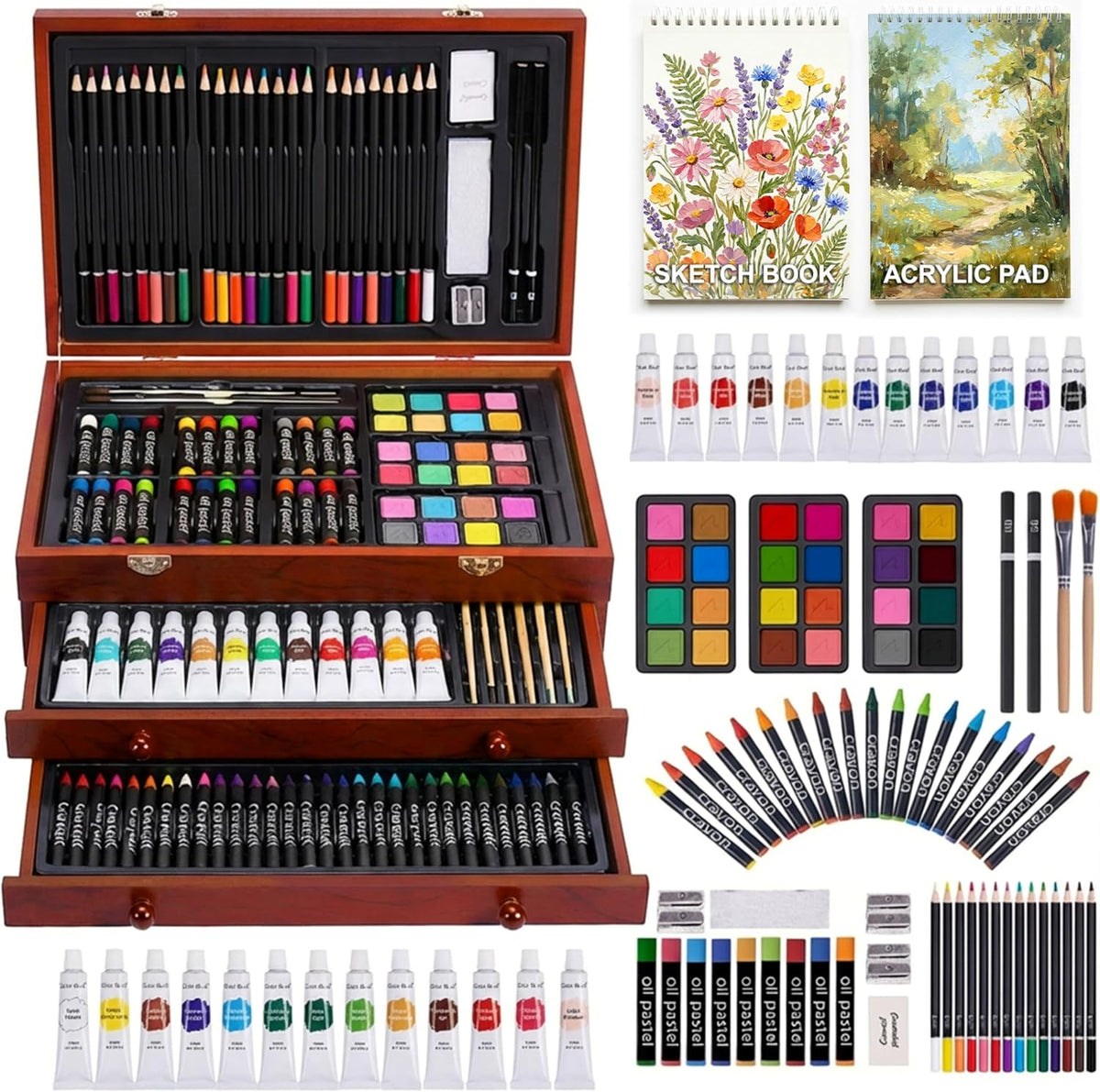 TMOL Suministros de arte, paquete de 175 juegos de arte de lujo, kit de pintura de dibujo con 2 almohadillas de dibujo, pinturas acrílicas, lápices de colores, crayones y kit de arte en estuche de