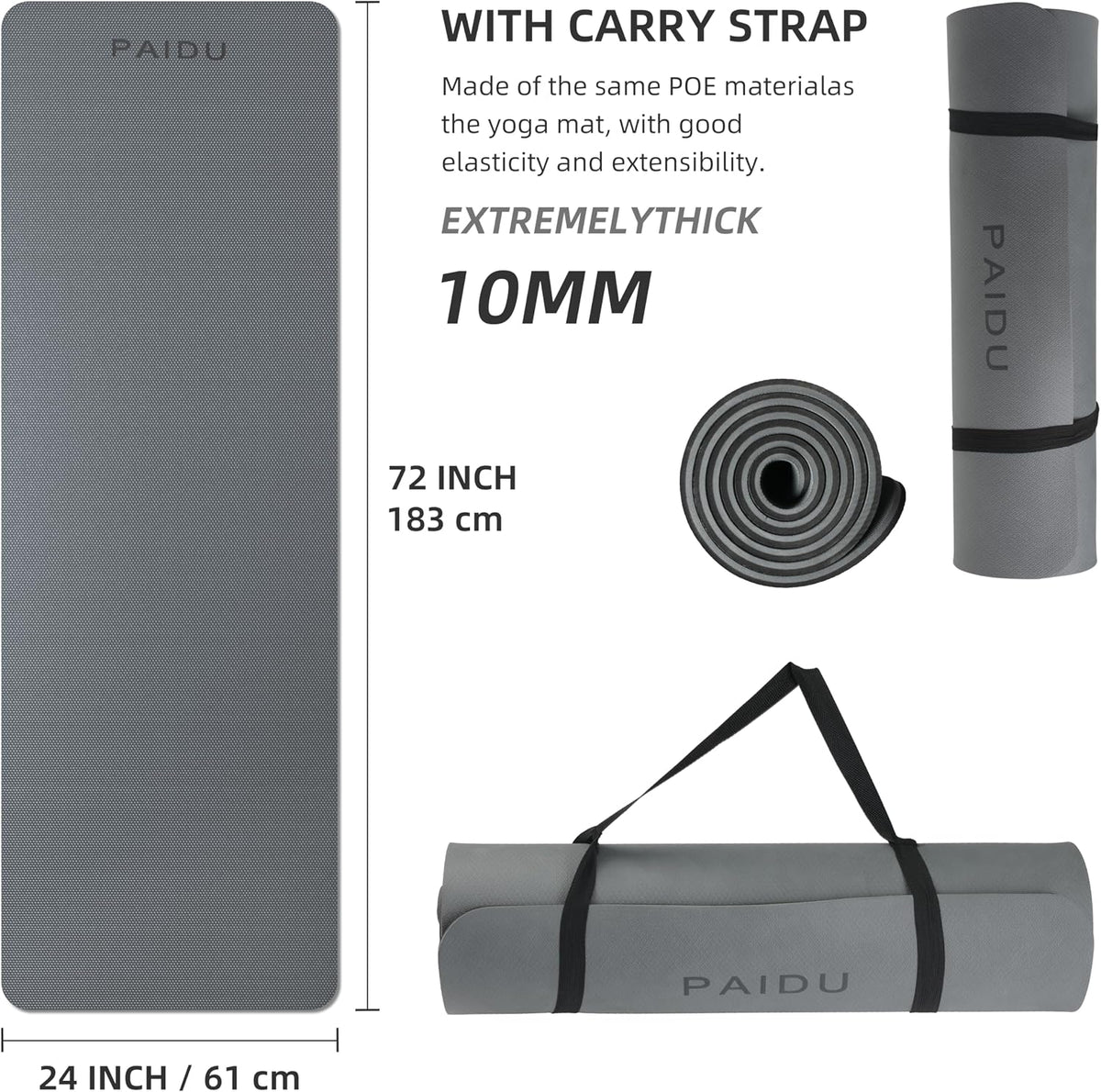 PAIDU POE Esterilla de Yoga (10 mm) Colchoneta de Fitness Extra Gruesa 72"x24" con Correa de Transporte