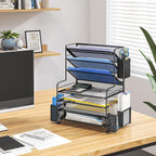 Simple Trending - Organizador de archivos de escritorio de 7 niveles, organizador de bandejas de papel tamaño carta con soporte para bolígrafos y canasta colgante de metal, negro