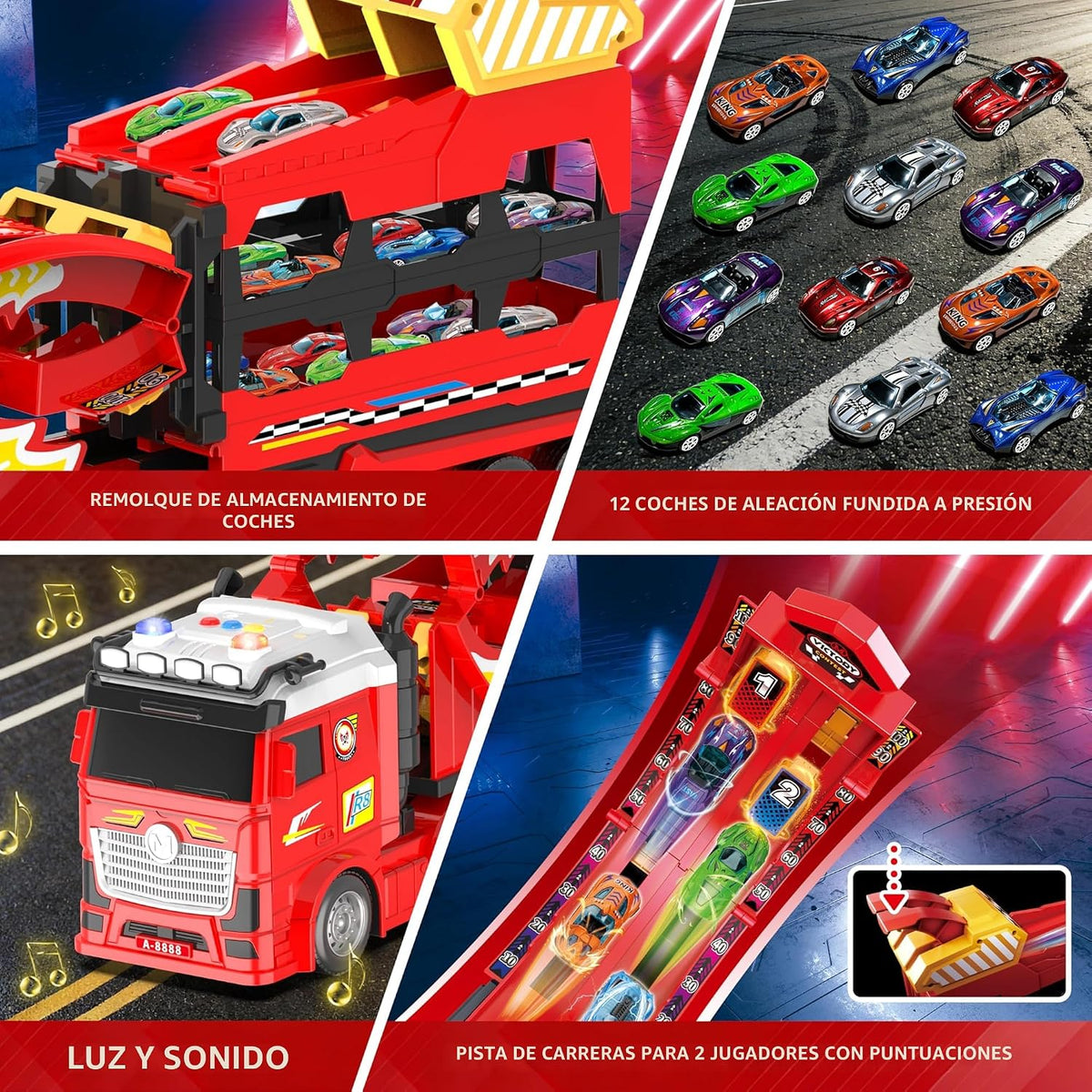 Camión 3 en 1 con Pista de Carrera Plegable de 45'', Juguete de Camionetas para Niños de 4-8 Años