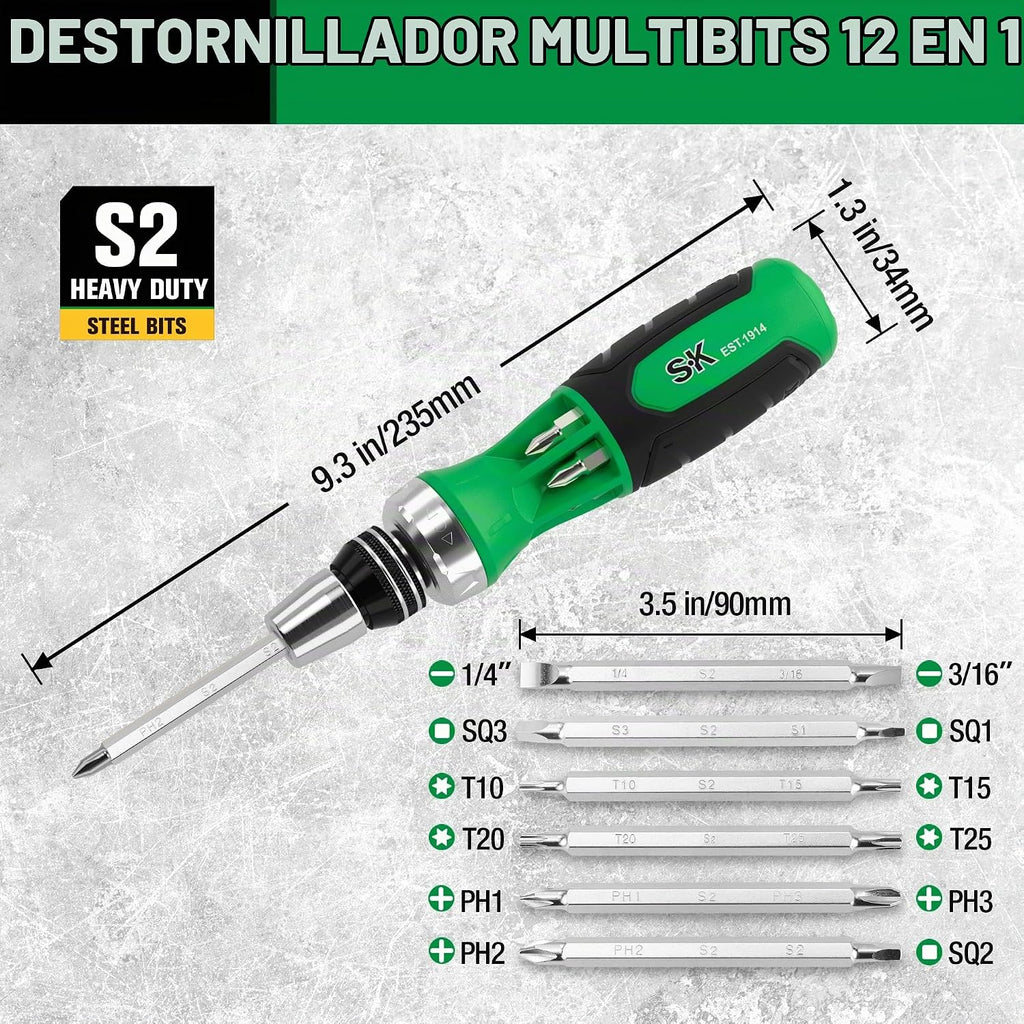 SK Destornillador de trinquete 12 en 1, destornillador de trinquete