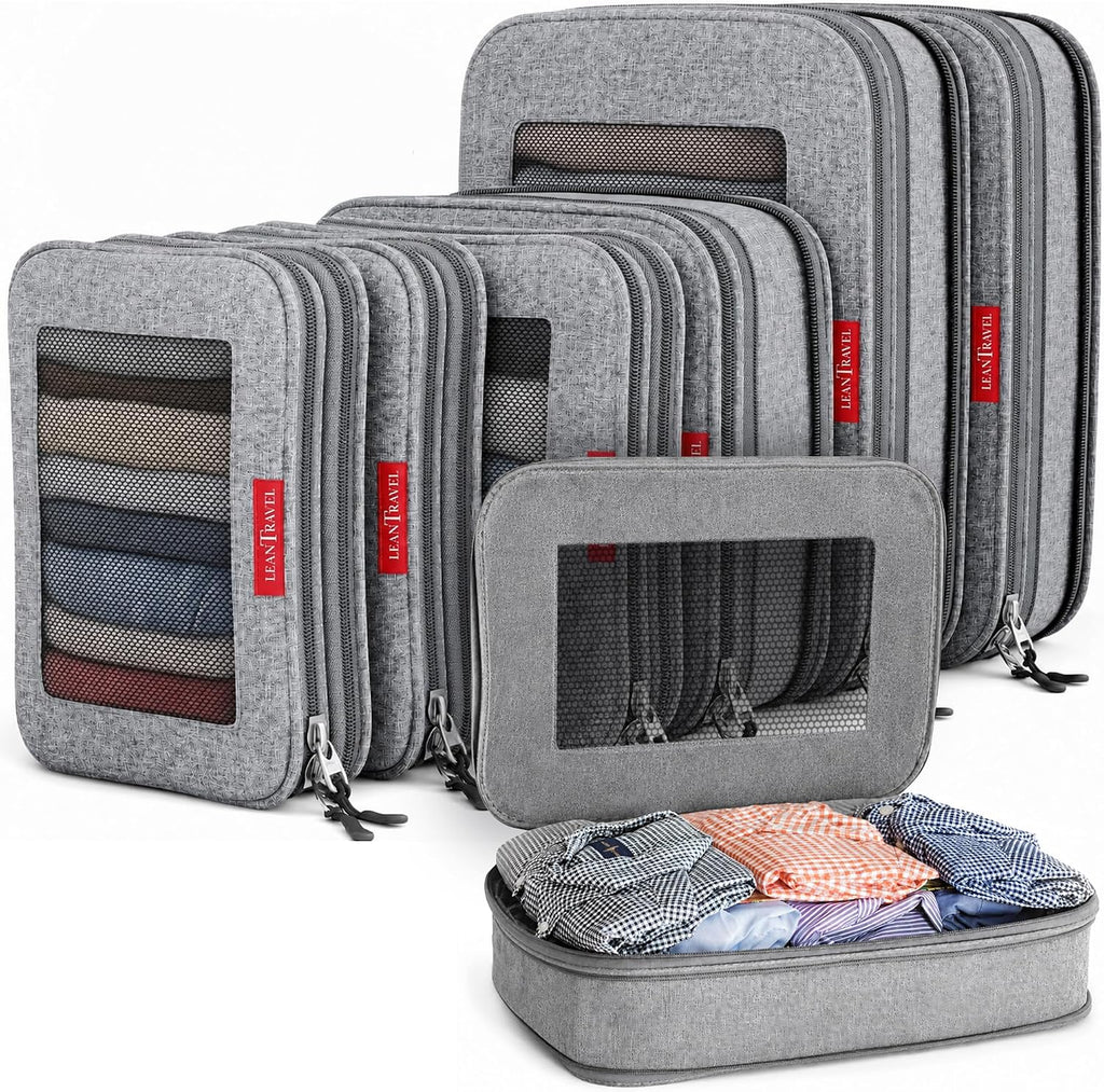 LeanTravel Cubos de embalaje de compresión de alta calidad para viajes, bolsas organizadoras de maleta con doble cremallera y panel de malla transpirable, artículos esenciales para equipaje de mano