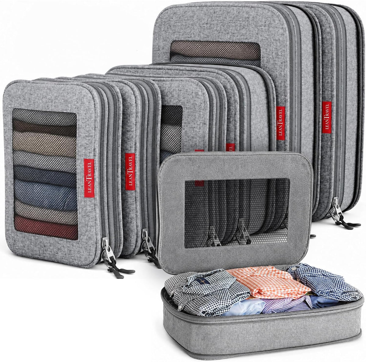 LeanTravel Cubos de embalaje de compresión de alta calidad para viajes, bolsas organizadoras de maleta con doble cremallera y panel de malla transpirable, artículos esenciales para equipaje de mano