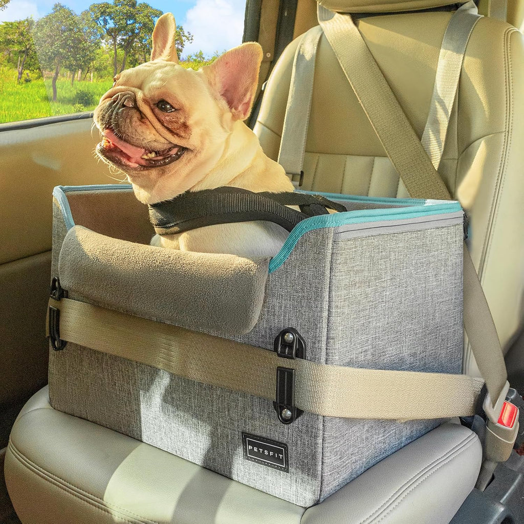 PETSFIT Asientos de coche para perros pequeños – Hebillas de seguridad patentadas – Correa de seguridad – Asiento plegable elevador para perro de viaje que reduce la ansiedad y los viajes por