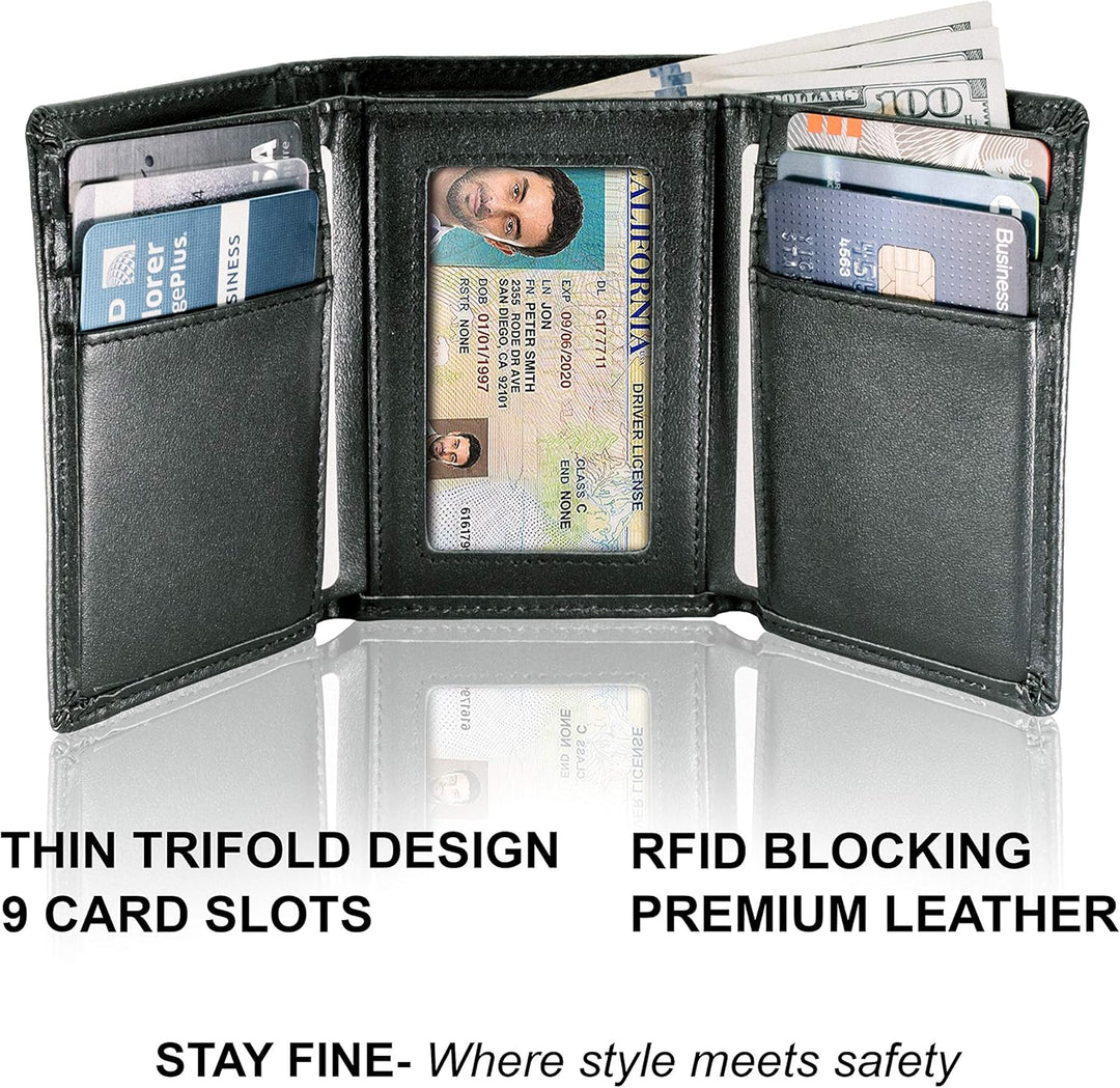 STAY FINE Billetera triple de cuero de grano superior para hombre,...