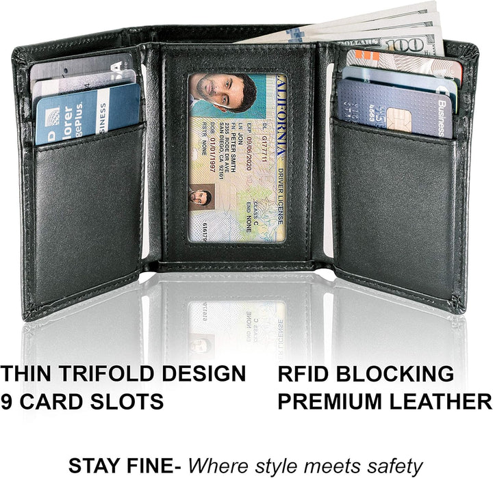 STAY FINE Billetera triple de cuero de grano superior para hombre,...