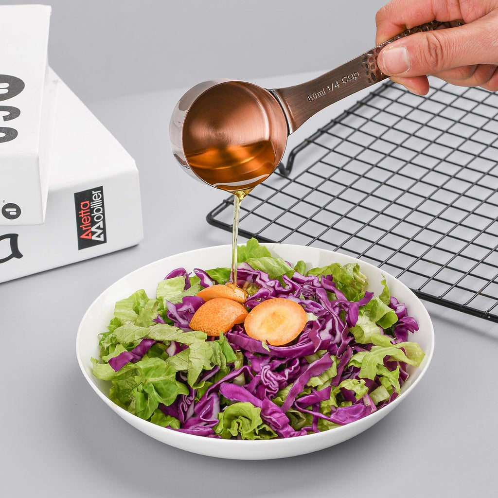 Juego de 14 Tazas y Cucharas Medidoras, Juego de Tazas y Cucharas Medidoras de Cobre para Secos y Líquidos, Métricas y de EE.UU. de Acero Inoxidable, 6 Tazas Medidoras y 7 Cucharas con