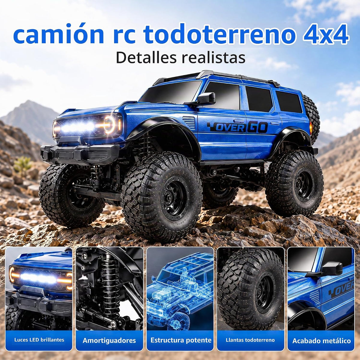 RC Rock Crawler, camión todoterreno con control remoto 4WD, velocidad ajustable y luces LED, auto RC para escalada todo terreno con bajo voltaje y protección antiparo para adultos y niños