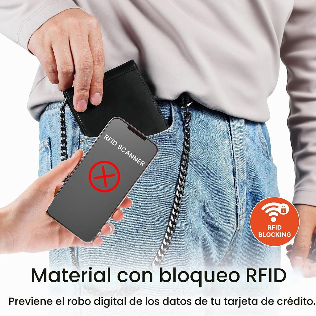 Billetera de Cuero Genuine con Cadena para Hombres: Billetera RFID con Cadena Antirrobo