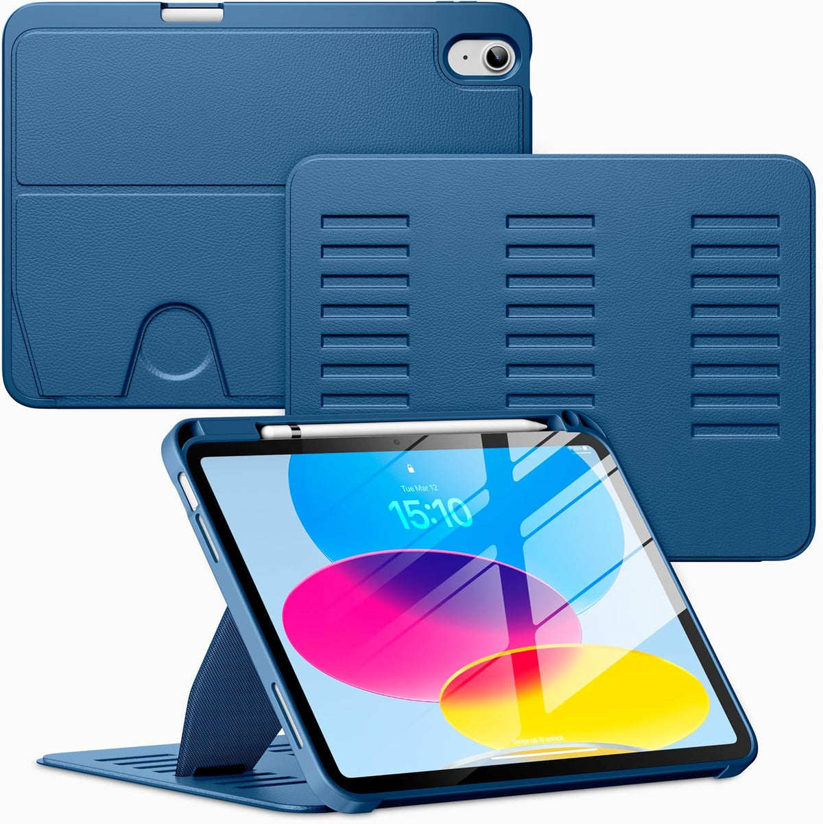 Funda para iPad (A16) de 11 pulgadas 2025 y iPad de 10ª/11ª generación de 10.9 pulgadas 2022, funda magnética con múltiples ángulos, parte trasera a prueba de golpes, soporte para lápiz y apagado y encendido automático, azul marino