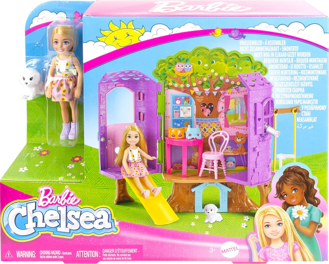 Muñeca Chelsea de Barbie y juego de casa de árbol con cachorro