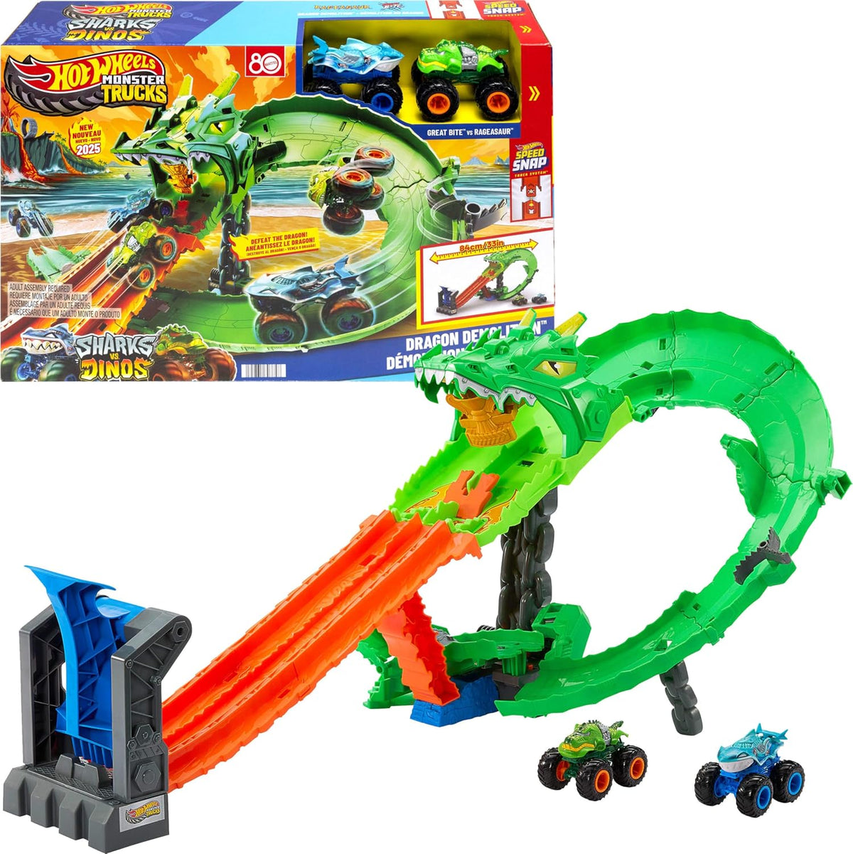 ​Hot Wheels Monster Trucks Sharks vs. Dinos Dragon Destruction Playset