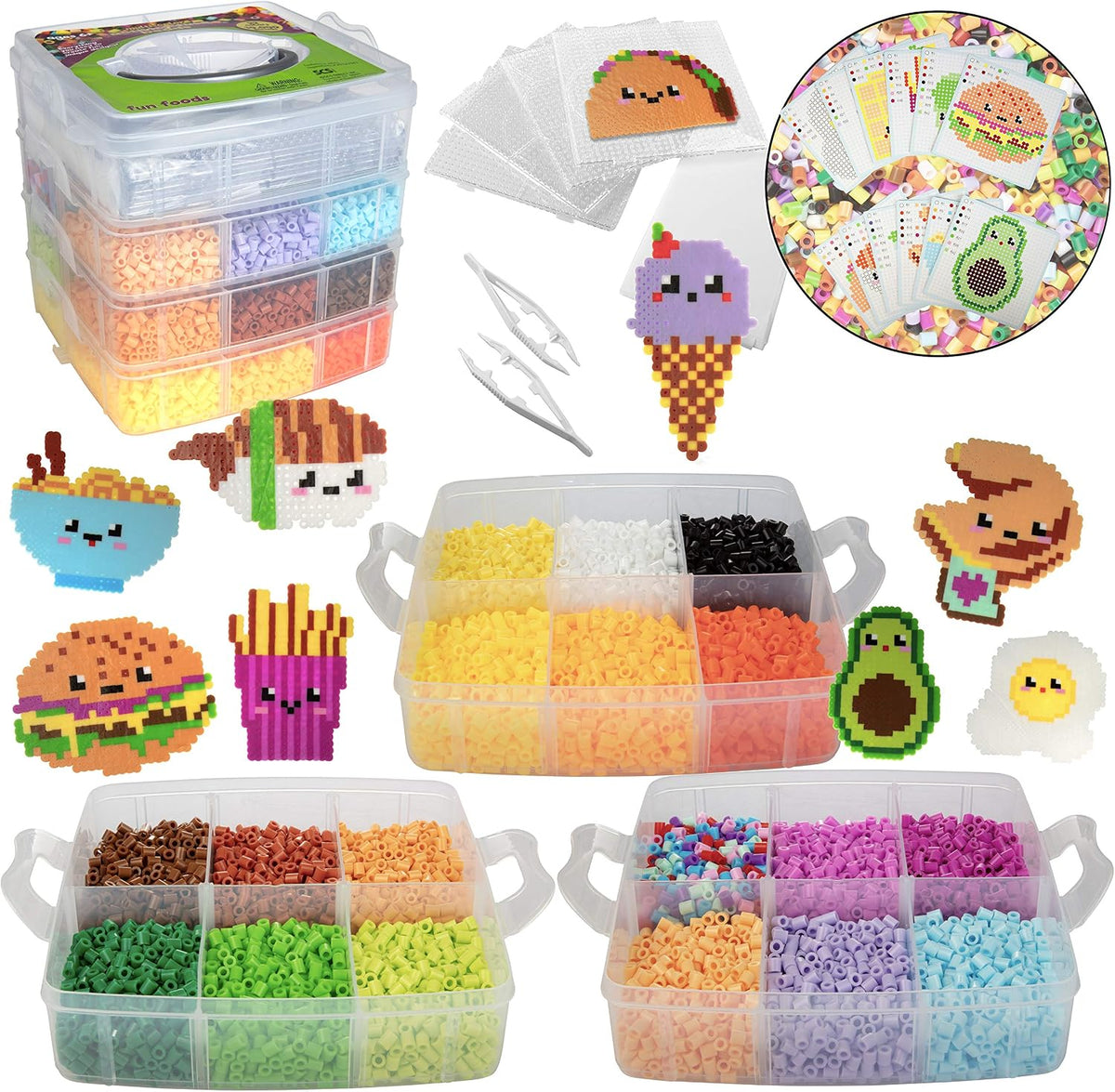 Fuse Beads - Kit de 10.000 cuentas, alimentos divertidos, incluye 22 colores, 4 tablas de clavijas, pinzas, papel de planchar y 12 plantillas de diseño, proyecto de manualidades de bricolaje para
