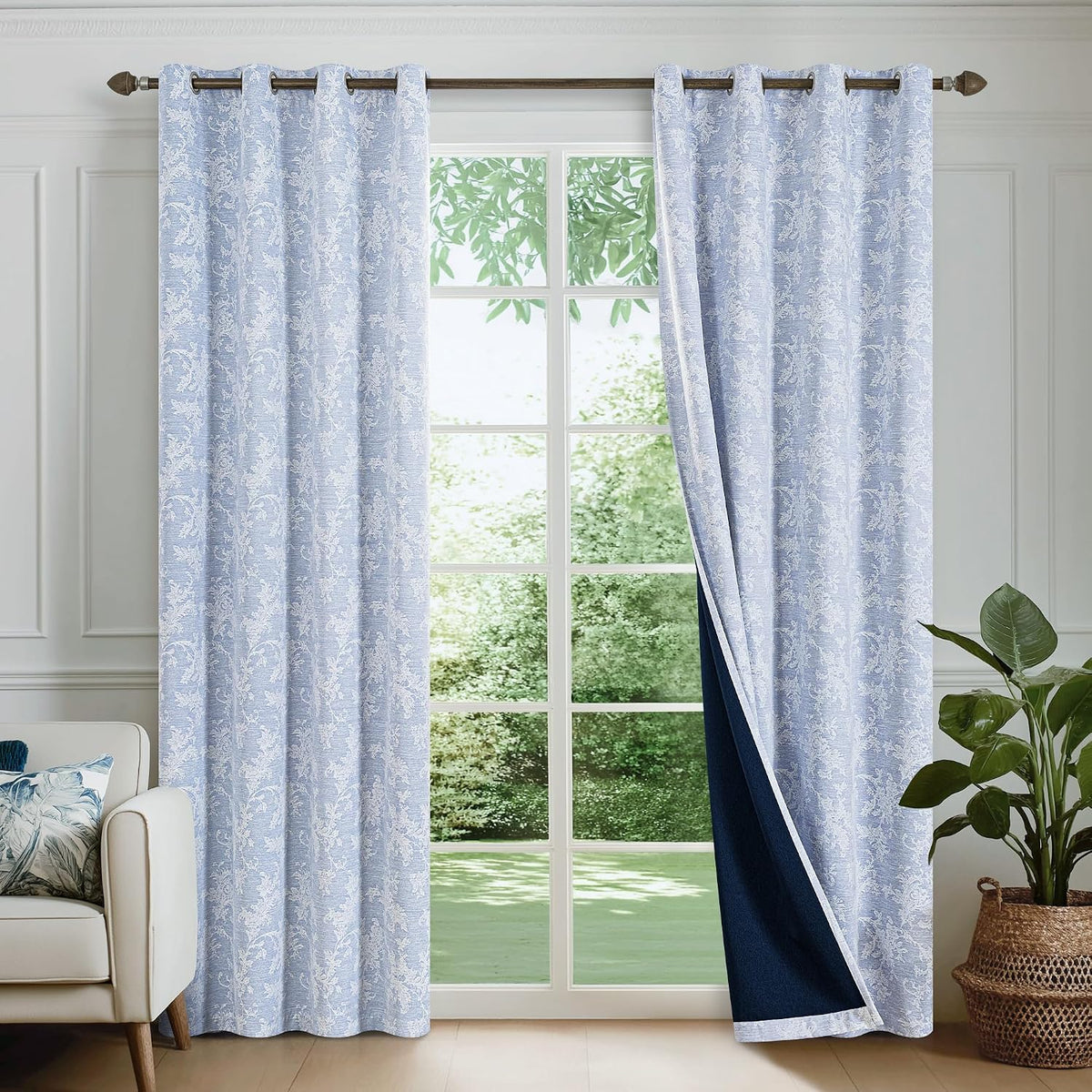 FMFUNCTEX Cortinas opacas de jacquard floral azul, 52 x 84 pulgadas