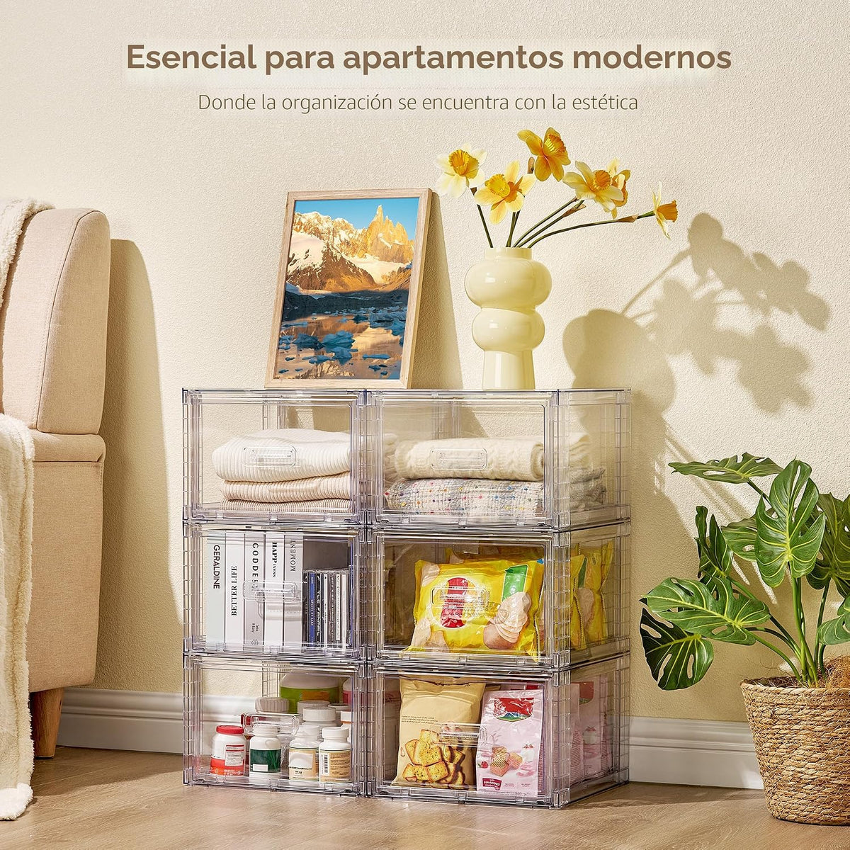 Vtopmart Paquete de 4 Cajones Apilables Transparentes para Armario 15QT, Medianos